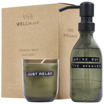 Wellmark Discovery 200 ml håndsåpedispenser og 150 g duftende stearinlyssett – mørk ravfarget duft
